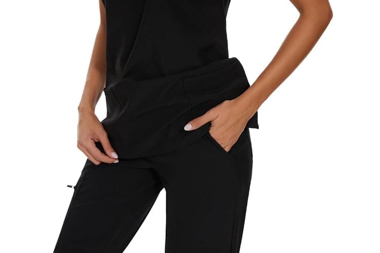 COZYFIT Scrubs for Women Set - Stretch V-Neck Scrub Top & Jogger Pant with 8 Pockets - Black - Medium thumbnail 8