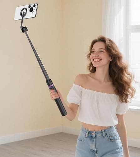 TONEOF 68" Magnetic Selfie Stick Tripod with Aluminum Strong Magnetic Holder for Magsafe, 360° Rotatable Travel Phone Tripod Stand with Metal Ring & Rechargeable Remote for iPhone/Android（Black） thumbnail 9