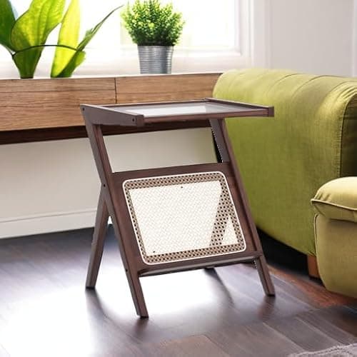 Tiita Rattan Nightstand Side Table, Bamboo Accent Bedside Tables, Glass Coffee Tables, Boho Wooden End Table with Storage for Small Space, Living Room and Bedroom thumbnail 5