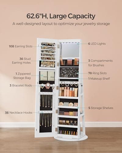 SONGMICS LED Jewelry Cabinet Standing, Lockable Armoire With Full-Length Mirror and Adjustable Lights, Space-Saving Organizer, Gift Idea, Cloud White UJJC008W01 thumbnail 5