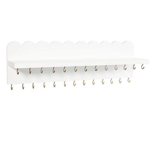 Lampaggio Wall Mount Jewelry Organizer with 26 Hooks and Cosmetics Shelf, Modern Wood Hanging Jewelry Holder for Necklaces, Bracelets, Earrings and Rings, White thumbnail 7