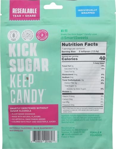 SmartSweets Lollipops, 3oz, Blue Raspberry & Watermelon Flavors, Hard Candy with Low Sugar (1g), Low Calorie (40), No Artificial Sweeteners, Plant-Based, Gluten-Free (Pack of 2) thumbnail 2