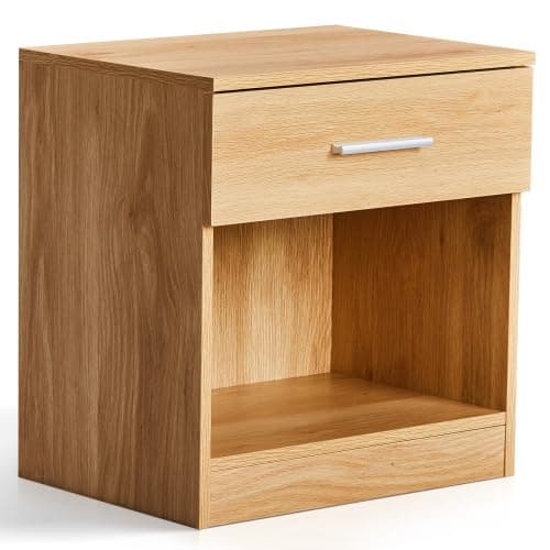 Karl home Bedside Table for Bedroom, Modern Natural End Table with 1 Drawer & Shelf, Wood Nightstand for Bedroom, End Table for Living Room near Sofa, Side Table, Metal Handle - Image 1