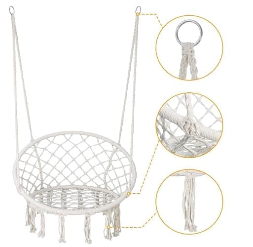 Saturnpower Hammock Chair Macrame Swing, Bohemian Style Round Hanging Chair, Handmade Knitted Cotton Rope Hammock Swing Chair for Indoor/Outdoor Home Bedroom Yard Garden Patio, Max 260Lbs, Beige thumbnail 8