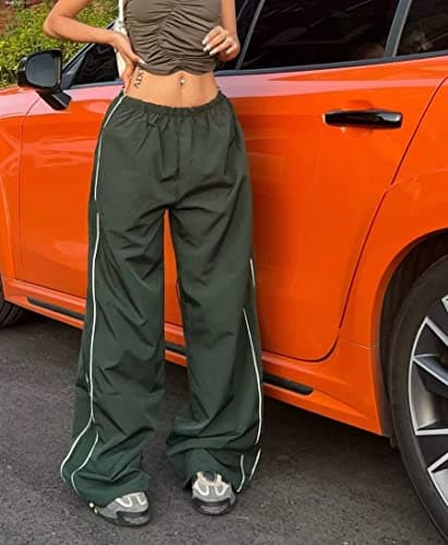 XPONNI Women's Y2K Track Pants - Baggy Parachute Pants (Dark Green, M, Medium) thumbnail 2