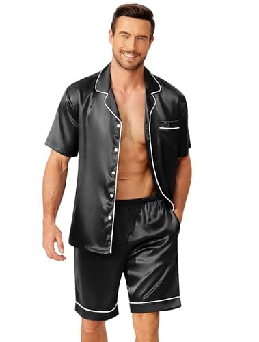 Ekouaer Pajamas for Men Silk Satin Pjs Summer Short Sleeve Sleepwear Comfort Loungewear with Pockets,Black,L thumbnail 3