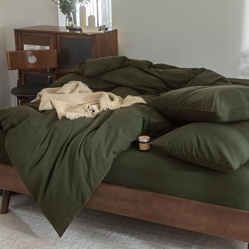 FOSSA Duvet Cover Set 100% Washed Cotton Linen Feel Super Soft Breathable Cozy 3 Pieces Bedding Sets Solid Olive Green Full/Double thumbnail 5