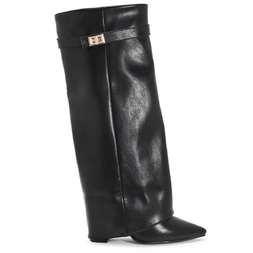 sole london LADIES Women's KNEE HIGH Fold Over Buckle Fashion Zip Pointed Block Heel Boots – Stylish Ruched Design – Comfortable Mid-Block Heel (4 INCH)– Faux Leather & Faux Suede - Image 1