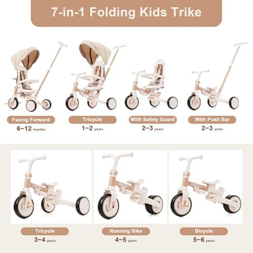 Foldable Toddler 7-in-1 Tricycle, Canopy, and Guardrail Parent Push Handle Ages 1-6 Years thumbnail 2