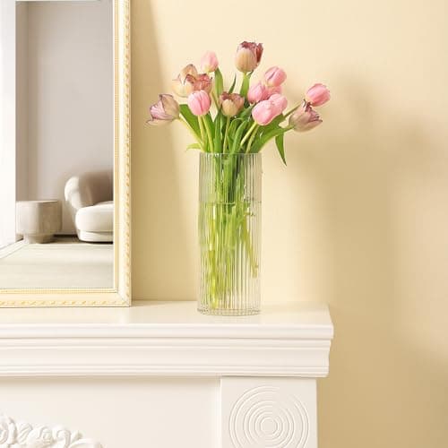 YANWE1 Clear Glass Vase, Glass Flower Vase, Ribbed Glass Vase, Clear Vase, Tall Cylinder Glass Vases for Centerpieces, Living Room, Dining Table, Office, Wedding, Bookshelf Decoration, 9.8 Inches thumbnail 5