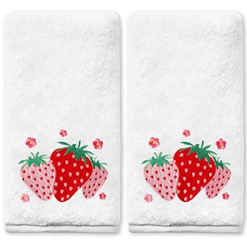 Yanhuecui Strawberry Hand Towels for Bathroom Set of 2, Strawberry Bathroom Decor, Spring Pink Cotton Soft Embroidered Towels for Kitchen Bath 14x30 Inches, Summer Decorations Hand Towels Gifts - Image 1