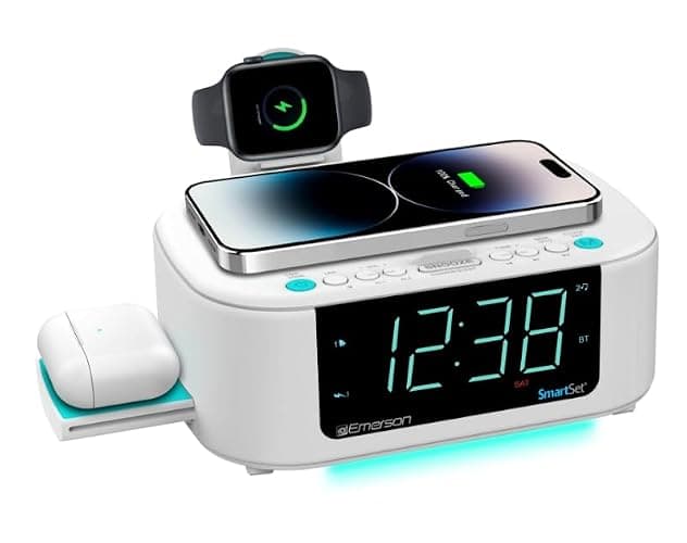 Emerson CKSW5010 Smartset Wireless Charging, Dual Alarm FM Clock, Bluetooth Radio/Speaker, 15W for Ultra-Fast Charging, 3W Retractable Port for Air Pods, White - Image 1