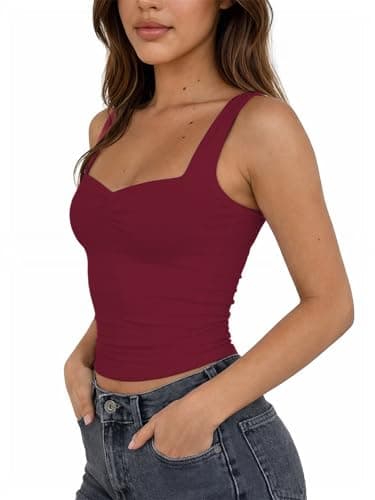 ForeFair Women's Sexy Sleeveless Tank Top Summer Going Out Top Pleated Sweetheart Neck Strap Tight Slim Fit Cute Tops(L,Burgundy) thumbnail 6