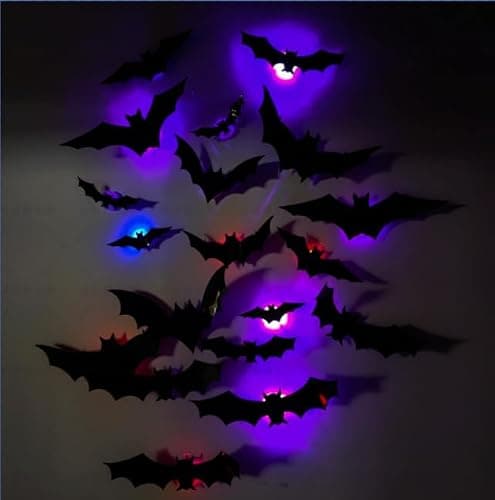 2026 New Halloween 3D Lighted Bats, LED Purple Lighted 3D Bats Halloween Decoration, Upgrade LED Glowing Bat Group Hanging Wall Luminous Glow Clings Multipack (12Pcs Black) thumbnail 2