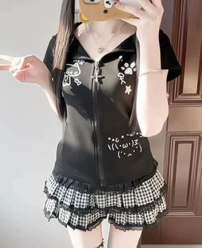 GOTHPICKUS Kawaii Y2K Cute Print Hoodies For Women Short Sleeves Cat Ears Hoodie Kawaii Zip Up Casual Slim Fit Outfits thumbnail 3