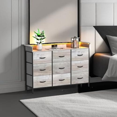 EXOTICA Dresser with Charge Station 9 Drawers Dresser for Bedroom with LED Lights Tall Wide Fabric Dressers & Chests of Drawers for Closet Hallway Entryway Sturdy Steel Frame Wood Top thumbnail 6