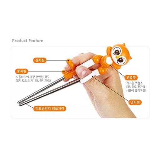 Edison Friends Owl Stainless Steel Chopsticks, Spoon, Fork and Case 4 Set - Right Handed, Yellow, Owl, Set of 4 pcs (Olly), Made in Korea thumbnail 3