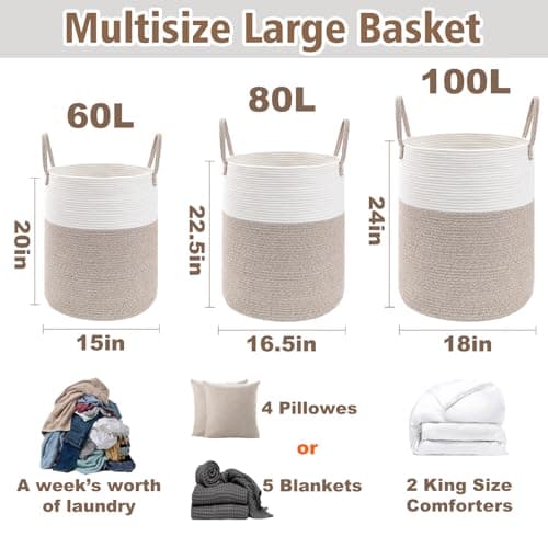 JMvicyroam Large Woven Laundry Basket Hamper,80L Cotton Rope Storage Bin for Blankets,Toys and Clothes,Decorative Tall Nursery Hamper for Living Room,Baby Nursery,Bathroom and Bedroom,Brown thumbnail 3