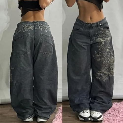 Baggy Y2k Jeans Men Women Hip Hop Vintage Wide Leg Jeans with Graphic Print Goth High Waist Denim Pants Street Wear - Black - Small thumbnail 2