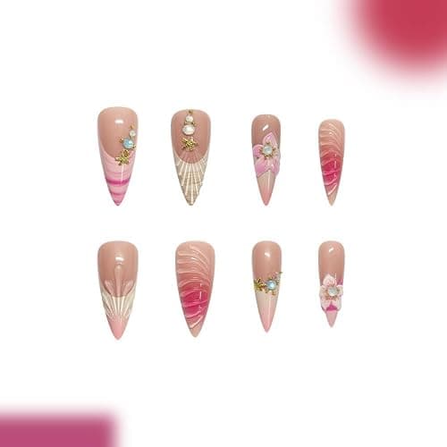 Almond Press on Nails Long Glue on Nail with 5D Rhinestones Flower Design Glossy Waterdrop Shell Acrylic Nails Reusable Ombre French Tips Fake Nails Stiletto Gold Star Nail for Women Manicure 24Pcs thumbnail 4