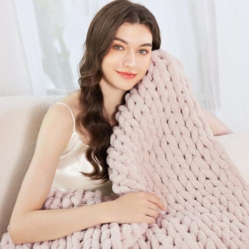 Admitrack Chunky Knit Blanket Throw, 100% Hand Knit Chenille Throw Blanket for Sofa & Home Decor, Soft and Cozy Knitted Throw Blankets (Pink，51"x63") thumbnail 5