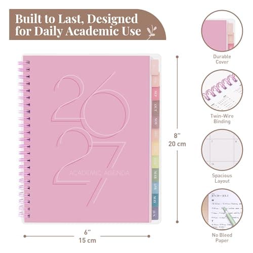 Rileys Academic Planner 2026-2027, Daily, Weekly & Monthly Planner, July 2026 - June 2027, Student Notes Pages, Twin-Wire Binding, Weekly Agenda for School & Work (8 x 6-Inches, Deco, Pink) thumbnail 2