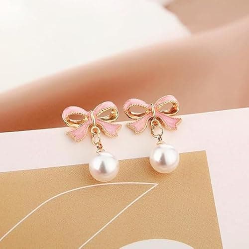 Gold Bow Earrings for Women, Long Tassel Chain Drop Earrings, Trendy Small Bow Earrings, Ribbon Waterfall Dangling Earrings, Pearl Bow Earrings, Sparkly Elegant Bowknot Preppy Jewelry Gifts for Women thumbnail 7