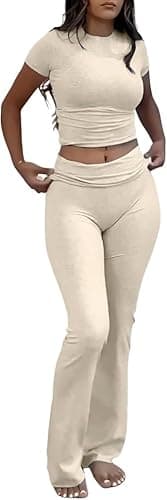 ZFLM Casual Workout Two Piece Outfits for Women Short Sleeve Crop High Waist Foldover Flare Pants Tracksuit Sets Streetwear - Image 1