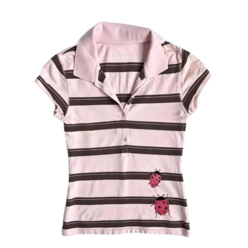XNEFIII Women's Y2K Kawaii Striped Cute Ladybug Graphic Print Baby Tee Stripe Slim Fit Short Sleeve Aesthetic HarajukuT-Shirt - Image 1