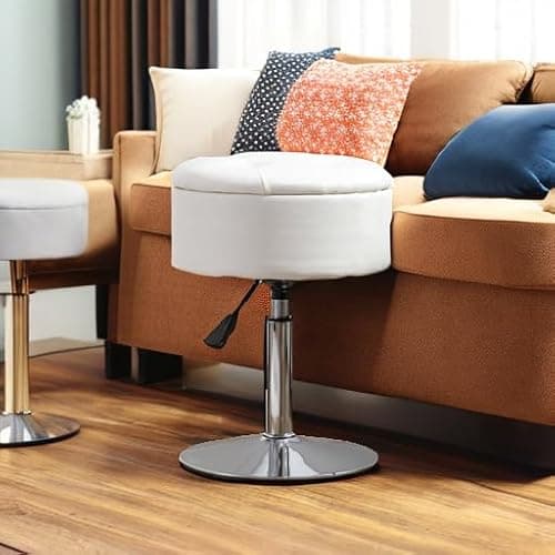 LUE BONA 360°Swivel Vanity Stool Chair for Makeup Room, Height Adjustable Stool for Vanity with Storage, Small White Faux Leather for Bathroom, Living Room thumbnail 4