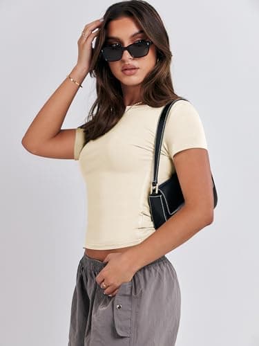ANRABESS Women’s 3 Pack Short Sleeve Shirts 2026 Crop Tops Tight Fitted Basic Tees Workout T Shirts Y2k Clothes Summer Outfit Black White Apricot X-Small thumbnail 3