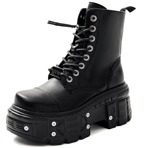 AZAGNEEM women platform Goth Ankle Boots with Studded Buckle Lace up Chunky Block Heels Lug Sole Punk Motorcycle Combat Boots Round Toe Waterproof Chunky Wedge Heel Rave Short Booties - Image 1