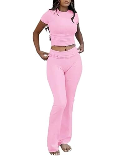 AYWA Women's 2 Piece Lounge Sets Short Sleeve Crop Top Foldover Flare Pants Casual Pajama Outfits - Image 1