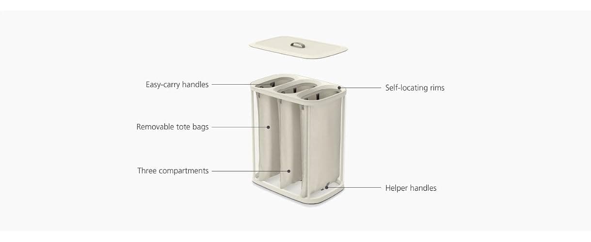 Joseph Joseph Tota Trio 90 liter/23.8 gallon Laundry Hamper Separation Basket with lid, 3 Removable Washing Bags with Handles- Ecru thumbnail 6