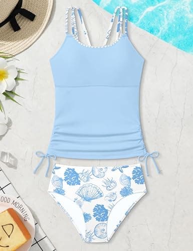 NAPU Girls Tankini Swimsuit 12-14 Girl Bathing Suit Back Cutout Contrast Trim Top with High Waist Bottoms 2 Piece Teen Swimsuits for Girls 12-14 Swimwear Blue thumbnail 5