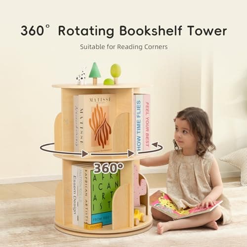 OOOK 2 Tier Rotating Bookshelf, Small Corner Bookshelf Floor Standing Wooden Narrow Bookcase Organizer for Kidsroom, Bedroom, Living Room thumbnail 4