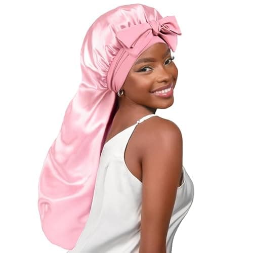 YANIBEST Long Bonnet Satin Bonnet for Sleeping Braid Bonnet with Tie Band Silk Sleep Bonnet for Women Locs Pink - Image 1