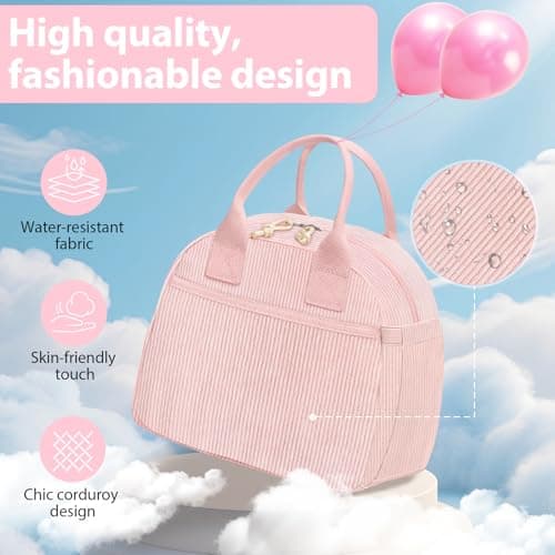 CetyVoyie Insulated Lunch Bag for Women, Reusable Lunch Box Cute Corduroy Lunch Tote Large Capacity Cooler Bags for Work Picnic(PP Pink) thumbnail 6