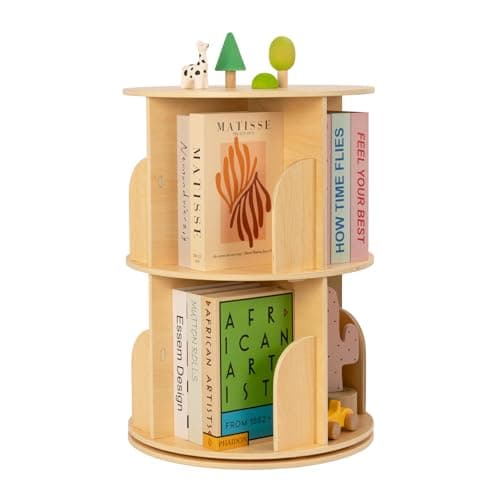 OOOK 2 Tier Rotating Bookshelf, Small Corner Bookshelf Floor Standing Wooden Narrow Bookcase Organizer for Kidsroom, Bedroom, Living Room - Image 1