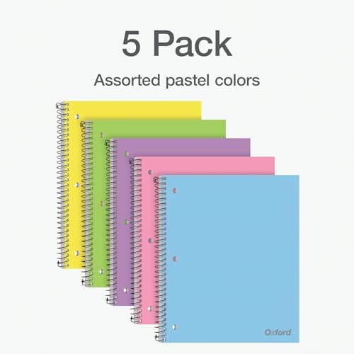 Oxford 1 Subject Spiral Notebook, Notebooks for School, Plastic Covers, School Supplies, College Ruled, 100 Sheets, 5 Pack, Assorted Pastel Colors: Blue, Green, Yellow, Pink and Purple (1009291) thumbnail 7