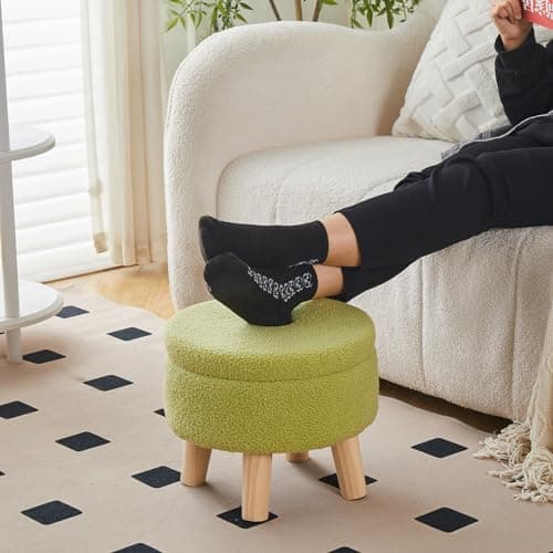 Wimarsbon Storage Ottoman, Modern Round Footrest with Soft Padded Seat, Teddy Velvet Footstool with Wood Legs, Accent Small Table or Plant Stand for Hallway, Living Room (Brilliant Green) thumbnail 6
