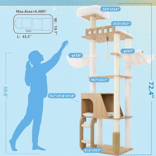 Hey-brother Wooden Cat Tree, 69.7 inch CatsFI urniture Tower with Large Platforms, Hammocks, Spacious Condo, Full Sisal Scratching Posts, Ladder, Brush, Water Proof Surface, White Oak MPJ121BT thumbnail 2