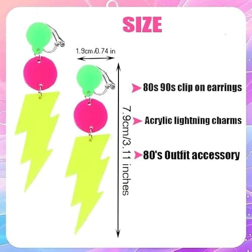 80s Neon Clip on Earrings Lightning Bolt Halloween Punk Retro Earrings for Women 80's Party Accessories thumbnail 6
