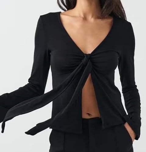 Owegvia Women Long Sleeve V Neck Solid Color Trendy T-Shirt Tie Up Bow Basic Shirt Blouses for Streetwear Aesthetic Clothes thumbnail 5