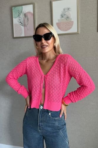 SimpleFun Going Out Cardigan Short Open Knit Long Sleeve Crochet Shrug Sweater Country Cardigan Hot Pink,L thumbnail 2