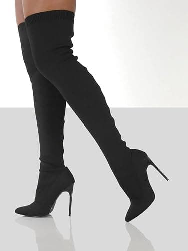 ticticlily Femmes Bottes à Talons Hauts Automne et Hiver Mode Confortable Bout Pointu Talons Hauts Bottes Longues Stretch Tricot Bottines pour Talon thumbnail 3