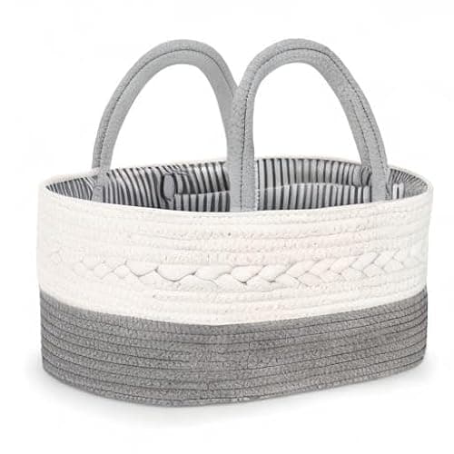 Maliton Baby Windel Caddy Organizer，Wickeltisch Organizer Aufbewahrungskorb mit Herausnehmbaren Fächern，Robuster Tragbarer Baumwollseil Windeltasche als Babyparty Geschenk，Grau - Grau - M thumbnail 9