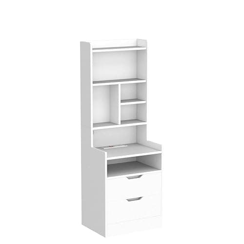 BTHFST Tall Nightstand with Charging Station and LED Lights, White LED Nightstand with Bookshelf, Bedside Table with Shelves and 2 Drawers, Tall End Side Table with USB Ports and Outlets, White thumbnail 5
