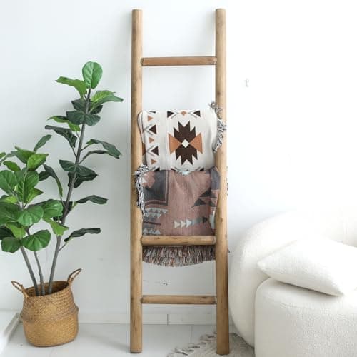 FUIN 57in Wood Blanket Ladder Living Room Decorative Wall Leaning Farmhouse Quilt Display Holder Rustic Wooden Towel Rack for Bathroom, Brown thumbnail 2