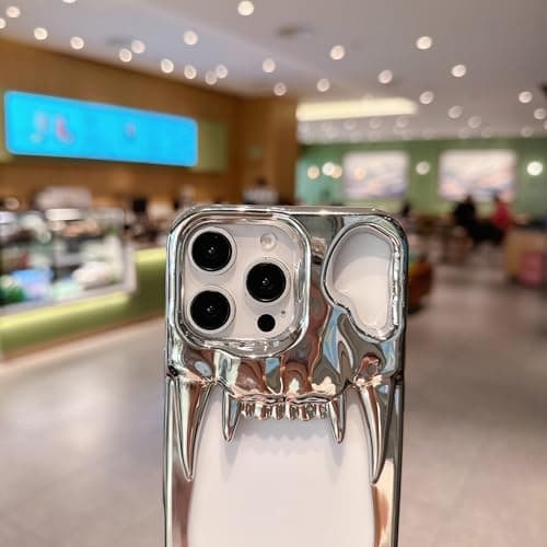 Pretaco Gothic 3D Hollow Horror Devil Pattern Case for iPhone 16, [Luxury Chrome Color Plating] [Heat Dissipantion Thermal Design] Shockproof Bumper for Halloween- Silver thumbnail 4